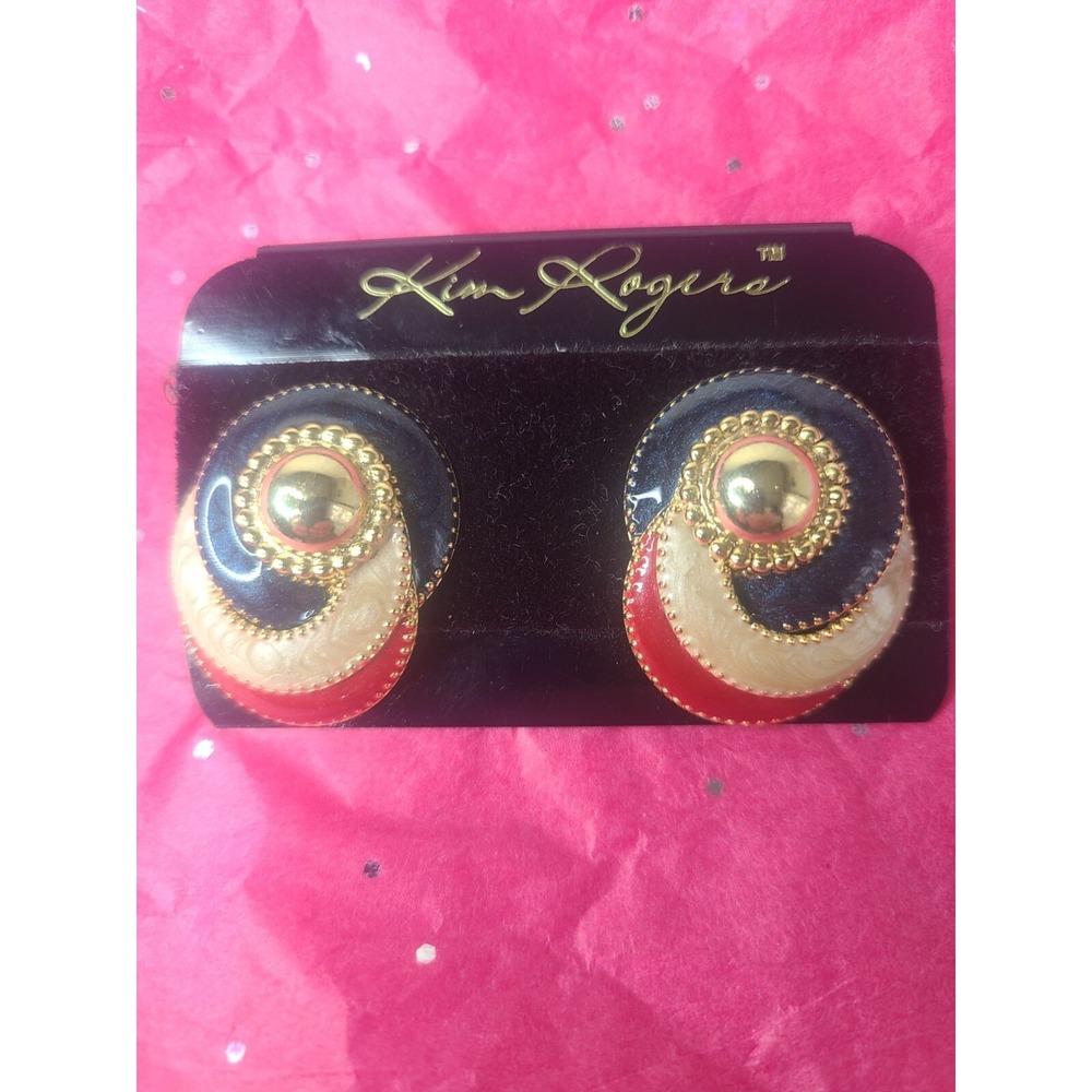 Kim Rogers Vintage Retro Swirl Clip-On Earrings Red White & Blue